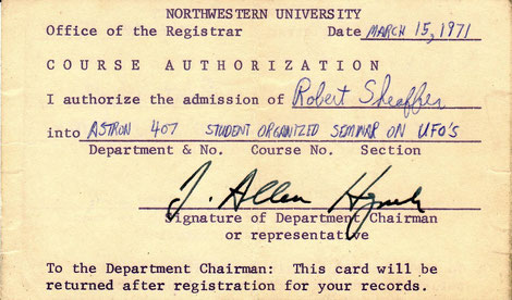 Autorizzazione di ammissione per Robert Sheaffer a seminario sugli UFO, tenuto da Josef Allen Hynek .