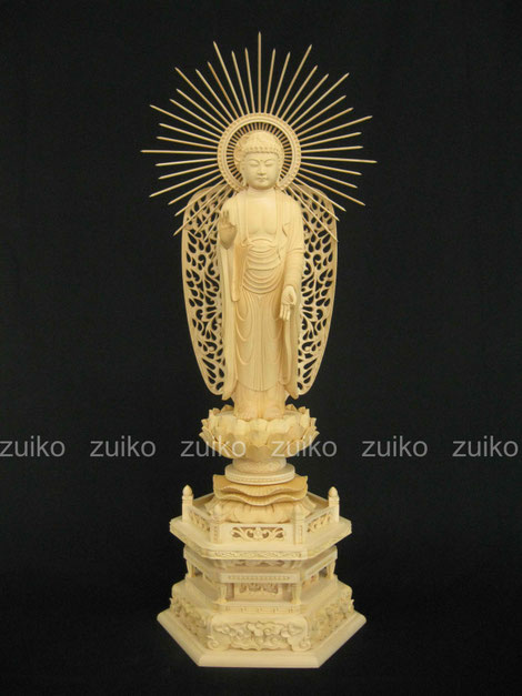 西弥陀　金箔肌粉　本山型台座西火炎光背割寸１尺1