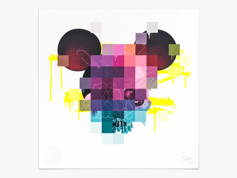 Ein Kunstdruck mit Mikey Mouse und teilweise einem Totenkopf. Verpixelt und teilweise fotorealistisch gemalt.