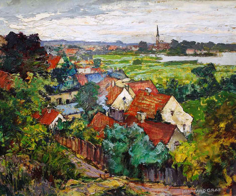 Blick von den Glindower Alpen auf Kirche und Glindower See, Öl Karton, 50 x 60, r. u. sign., WVZ Nr. 0431, Privatbesitz Berlin