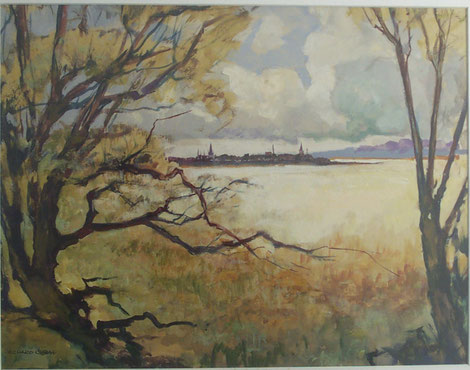 Blick auf die Inselstadt Werder aus der Ferne, wohl von der Eisenbahnbrücke, Aquarell, 35 x 44, u. l. sign., WVZ Nr. 0010, Privatbesitz Werder