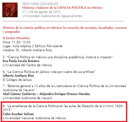Programa del Segundo Coloquio Historia y Balance de la Ciencia Política donde aparece la ponencia de Celso Escobar Salinas