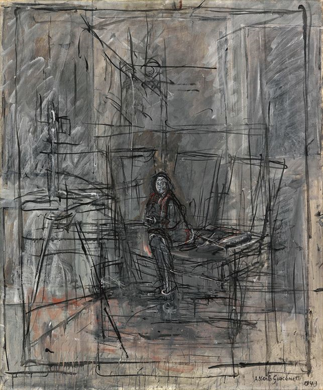 Isabel en el estudio. Alberto Giacometti 1949. Óleo sobre lienzo,105x87cm.Musée d´Orsay,Paris. Entramado de líneas que enjaulan a la protagonista, un punto focal de gamas grises y azuladas que revelan la ruptura del equilibrio.