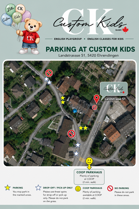 Parking guide for Custom Kids Ehrendingen showing an aerial map of Landstrasse 51 with clearly marked parking spaces, drop-off and pick-up areas, no-parking zones. The Custom Kids logo and Zilla mascot appear at the top, 