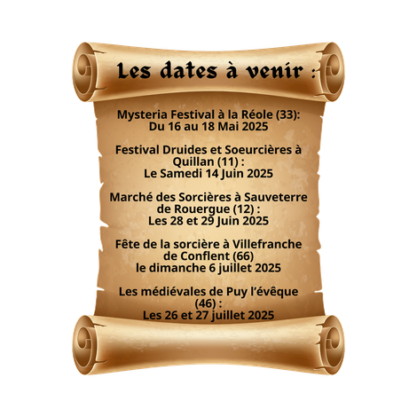 dates à venir, actualité de louve sacrée fêtes médiévales, marché d'art et artisanat, marchés des sorcières...