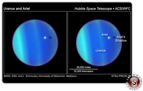 Transito di Ariel sul disco del pianeta, nel 2007. Immagine ripresa dal Telescopio spaziale Hubble.