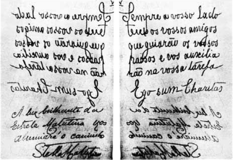 Fac-simile del messaggio ricevuto a Lisbona il 7 Febbraio del 1917 mediante la "escritura automática" ( de Furtado de Mendonça ).