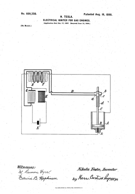 U.S. Patent 609250 "Electrical Igniter for Gas Engines" - Nikola Tesla 16/08/1898