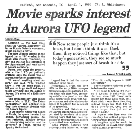 Altro quotidiano, Express, San Antonio, 1 April 1986 che documenta l'accaduto