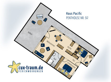 Grundriss der Penthousewohnung Nr. 92 im Haus Pacific Duhnen