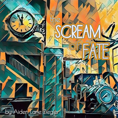Filmplakat "The Scream of Fate": Gezeichnetes Bild in gelb-orange und türkis Tönen. Links oben eine große Uhr, die Zeiger zeigen 5 vor 12.