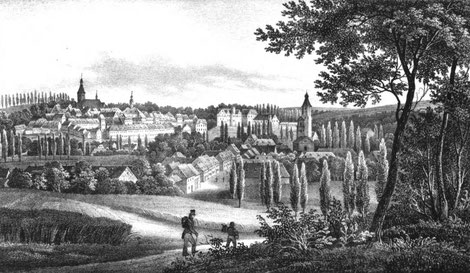 Waldenburg, Lithographie 1839: „vorderes Schloss“ (Bildmitte) und Bergfried des „hinteren Schlosses“ bzw. der ehemaligen Burg (rechts) Quelle: Deutsche Fotothek