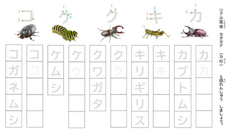 カタカナプリント（昆虫)、発達支援教材、書字が苦手