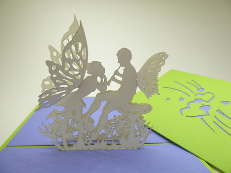 Carte pop-up elfes amoureux ivoire, violet et vert