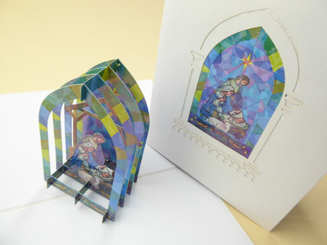carte pop-up crèche de noël en vitrail d'église