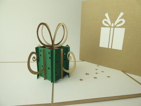 Carte pop-up cadeau de noël vert et or pour accompagner un cadeau de noël ou souhaiter joyeux noël
