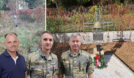 OStv Reich, OStv Peball, Vzlt Grote und das 26er Denkmal in Siegendorf im Vorher-Nachher-Vergleich