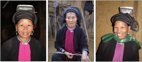 À gauche la chanteuse Tâu Thi Linh et à droite Phan Thi Luau avec leur support de coiffe en argent. La femme au centre porte la coiffe indigo mise en volume par ce dispositif ornemental. © Patrick Kersalé 2005-2024.