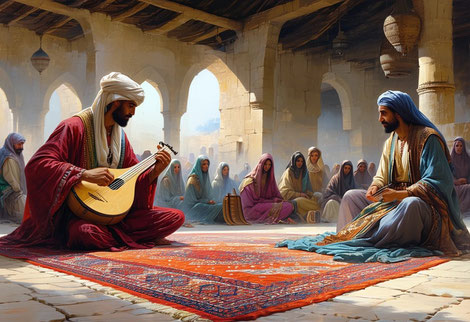 Ziryâb à la cour de Cordoue (simulation par IA). © Yann Minh Kersalé 2024.