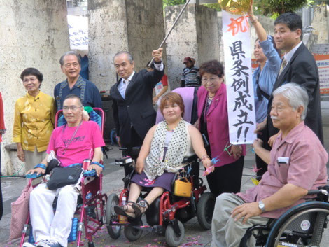 「祝　県条例成立！！」のくすだまを掲げる、条例の会のメンバーと県議会議員たち