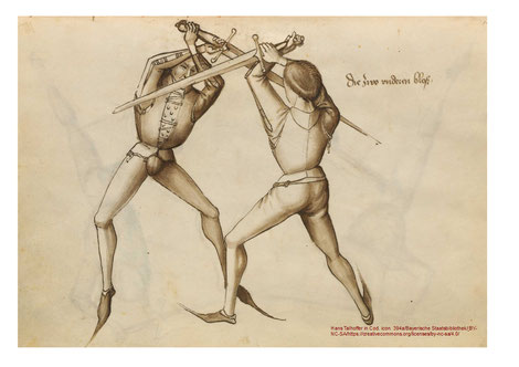 Bloßfechten bei Hans Talhoffer (1467): Beide Fechter sind völlig ungerüstet.