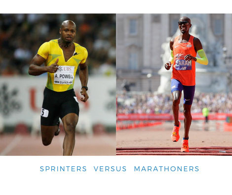 A good example of a sport requiring development of these Type II muscle fibers is sprinting. Compare the bodies of a marathoner, or a sprinter, who has the biggest muscles?