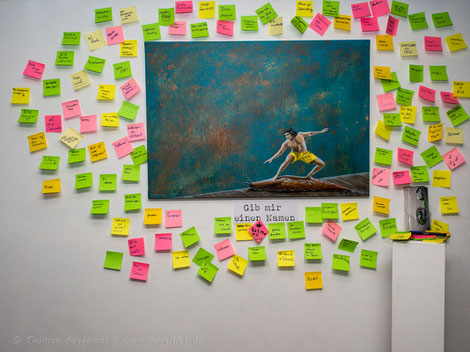 Kunstnacht, Kempten, Titel, Postit, Schnecke, Surfer, Gemälde von Thomas Guggemos