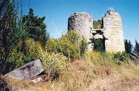 Le fut du moulin de Fendeille. Au premier plan subsistent les meules du deuxième moulin