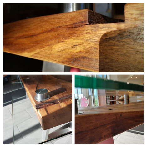 Massiver Tisch aus Eichen-Fassdauben, Edelstahl und Glas