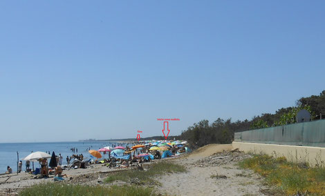 Free beach at Lido di Dante - naturist area between the two red arrows