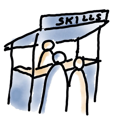 Sketchnote: Menschen an einem Marktstand mit der Aufschrift "Skills"