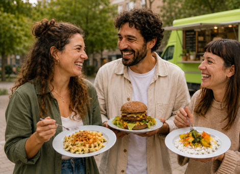 Glückliche Gäste mit vegetarischem Essen vor dem Grünen Sepp Foodtruck