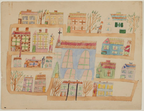 Eine Kirche in der Mitte: So bunt und verschieden malten sich fränkische Kinder in den 1920er Jahren die Gebäude in ihren Städten und Dörfern aus. Der Bezug zum christlichen Glauben darf nicht fehlen. Foto: Stadtmuseum Erlangen