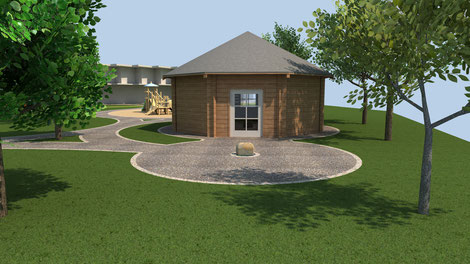 So ist der aktuelle Plan für die Trapperhütte im Garten des Kinder- und Jugendhospiz „Sternenzelt“. Visualisierung: Kohls