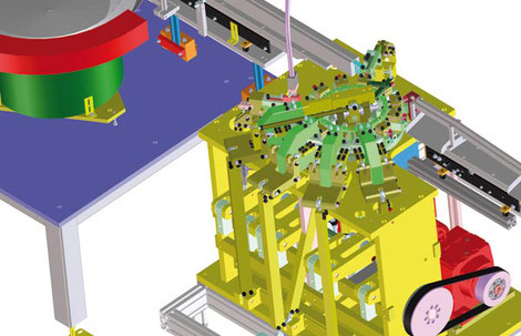 3D Ansicht eines Montageautomaten mit Zuführung und Montageeinheit. 