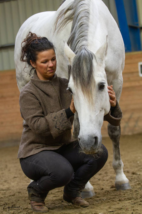 Cranio-sacral treatment of the horses lower jaw. Celina's touch is minimal, barely touching the surface of the skin.