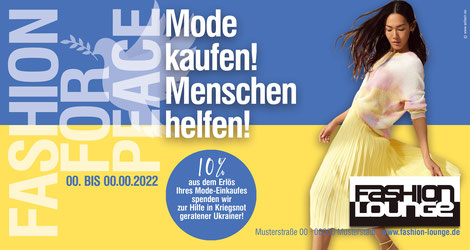 Titelseite Maxicard zur Aktion FASHION FOR PEACE (Modefoto TAIFUN FS 22: Dieses ist auszutauschen und Ihren Kollektionen anzupassen).