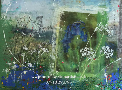 Mixed media semi-abstract painting Bluebells and Queen Ann's Lace