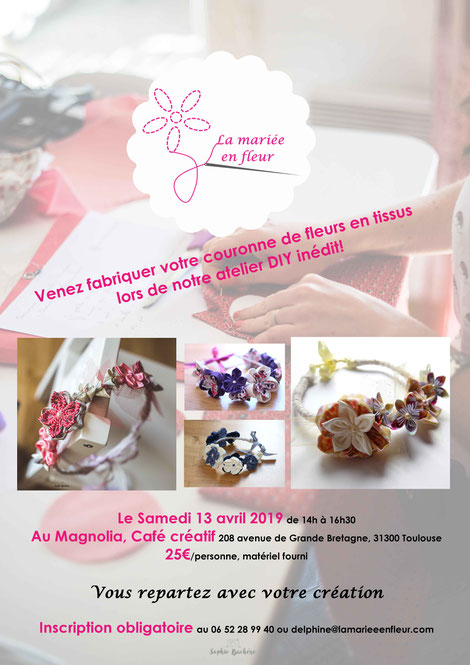 Affiche de l'atelier DIY, participation de 25€/personne, inscription obligatoire auprès de La mariée en fleur