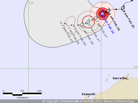 Track map of tropical cyclone Ferdinand, 26/02/2020, image from www.bom.gov.au