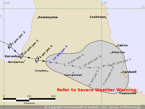 Track map of Tropical Cyclone Imogen moving over Cape Yorke Peninsula, 04/01/2021, image from BoM.