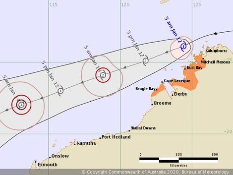 Track map of Tropical Cyclone Claudia, 10/01/2020, image from www.bom.gov.au