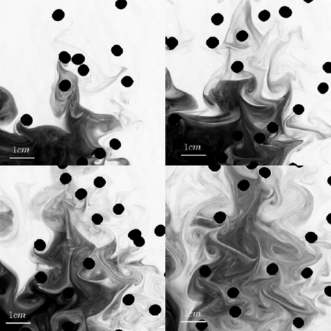 Evolution of the mixing of a tracer in a bubbly flow (from Almeras 2014) 