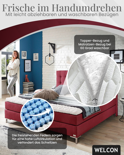 Ein typisches Boxspringbett besteht aus drei Hauptkomponenten: der Boxspring-Basis, der Hauptmatratze und dem Topper.