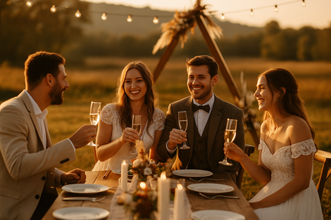 Hochzeitsgäste stoßen vor dem Abendessen an