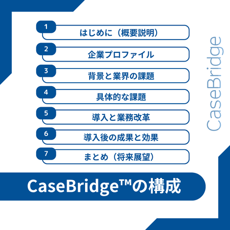 CaseBridge™の構成を7つのステップで示した図。概要説明から企業プロファイル、課題整理、導入後の成果までの流れを一覧化。