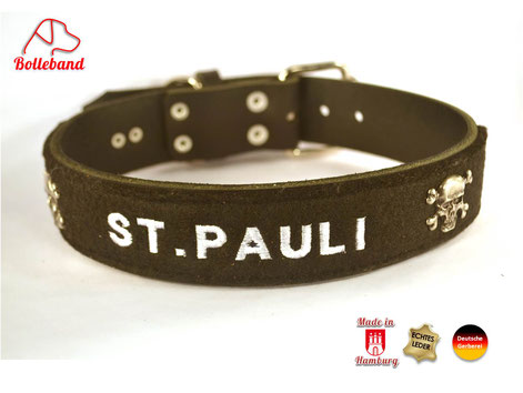 Hundehalsband Leder St.Pauli schwarz mit weißer Schrift