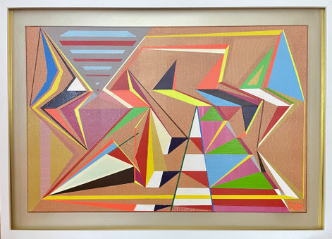 Abstraktes Gemälde „CHROMATISCH – 2“ von Andreas Alka alias „FLoYd“, 60 × 40 cm, Unikat aus 08/2023. Dynamische geometrische Komposition mit kräftigen Farbflächen auf bronzefarbenem Grund. Thema: Farbdramaturgie, Farbwiderstand und Raumspannung.