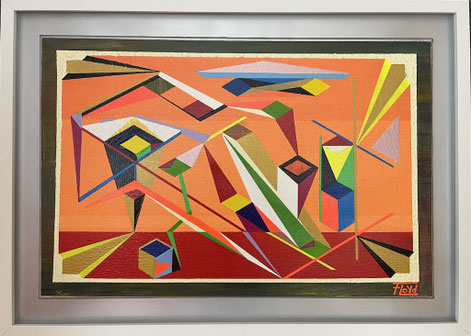 Abstraktes Gemälde „CHROMATISCH – 1“ von Andreas Alka alias „FLoYd“. Farbintensive Komposition aus geometrischen Formen, Linien und Flächen in leuchtendem Orange, Rot, Gelb und Grün. Thema: Farbsättigung und visuelle Dramaturgie.