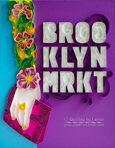 quilling , quilling paper, paper art, art, design, the Anelis Group, Brooklyn, poster design, quilling hand, hand, ring, letters, quilling letters, flowers, blue, violet, handbag, curls, 